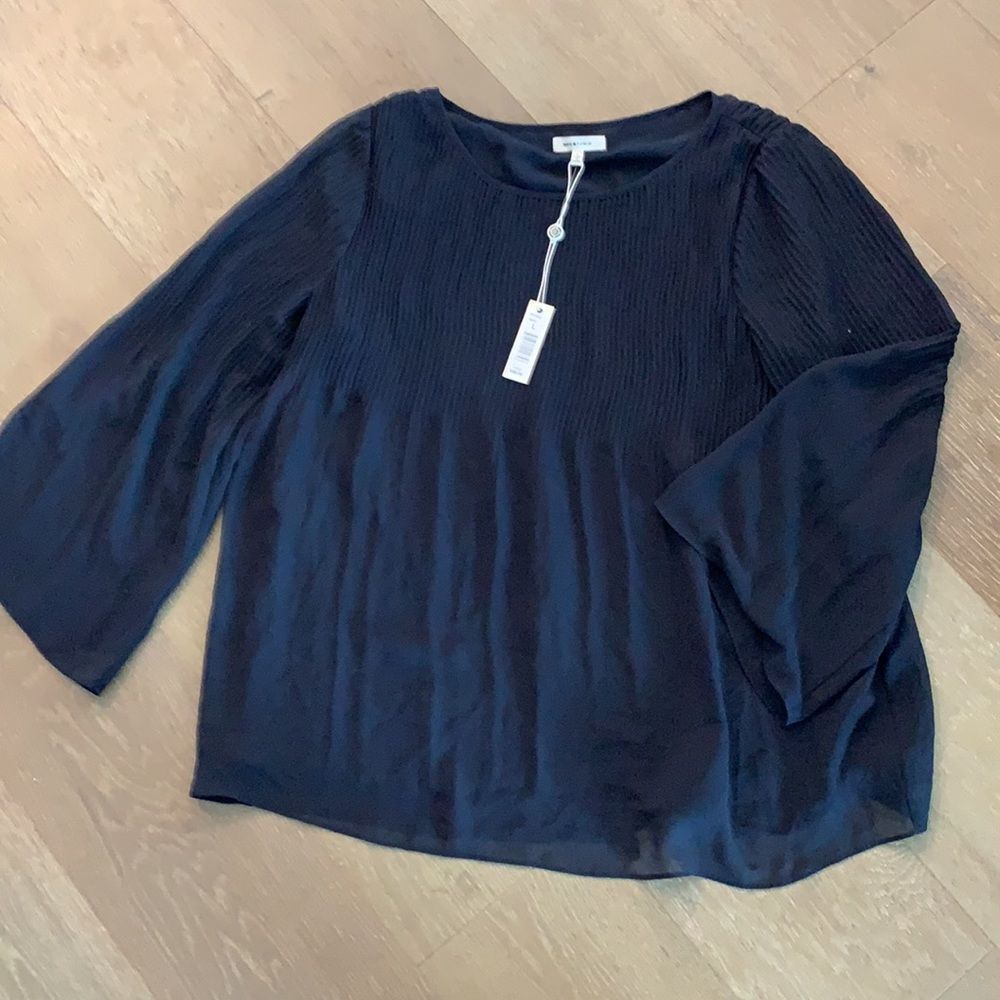 MAX STUDIO Navy Blue Silky 3/4 Sleeve Blouson Blouse Size L